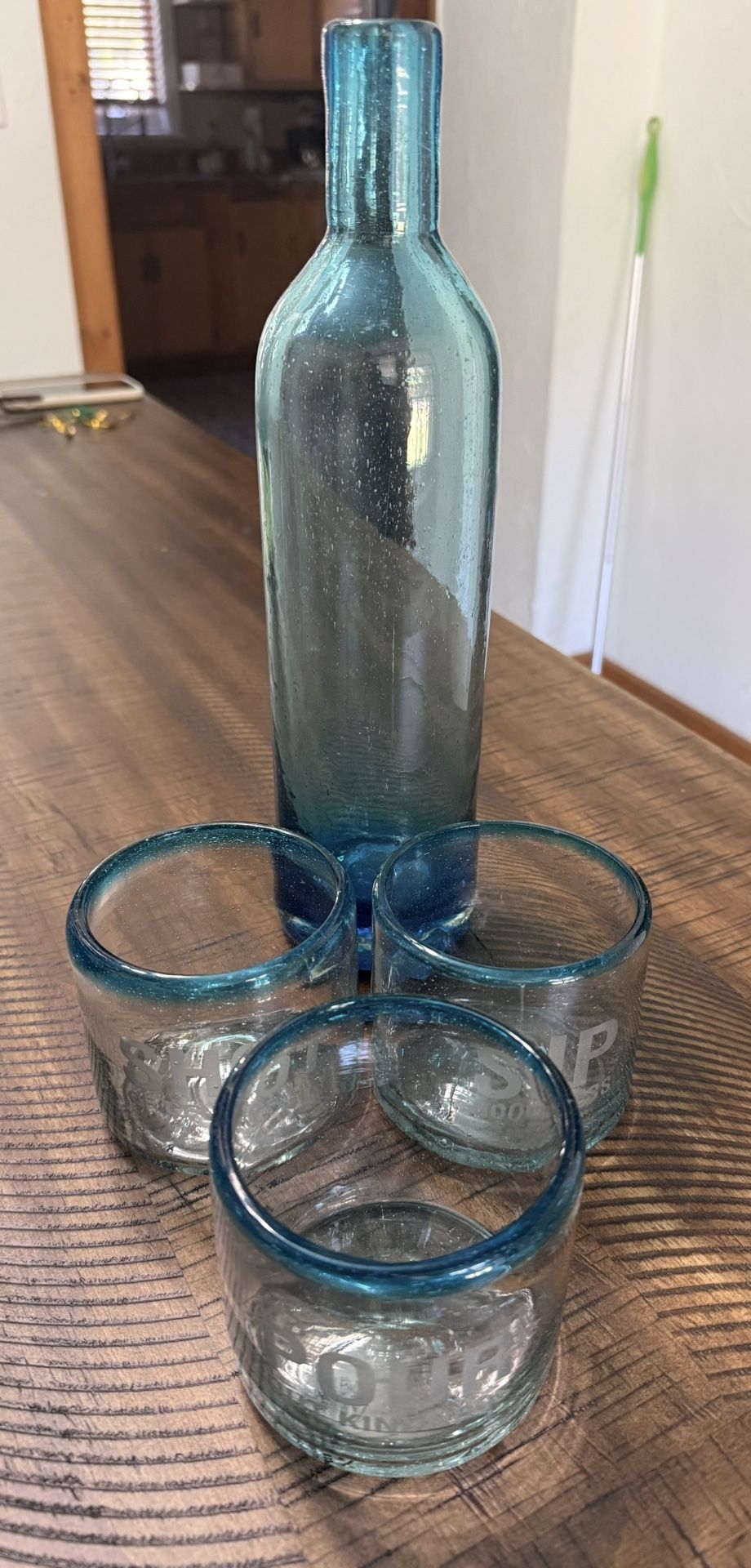 Mexican Glass Handblown Pitcher And Glass Set