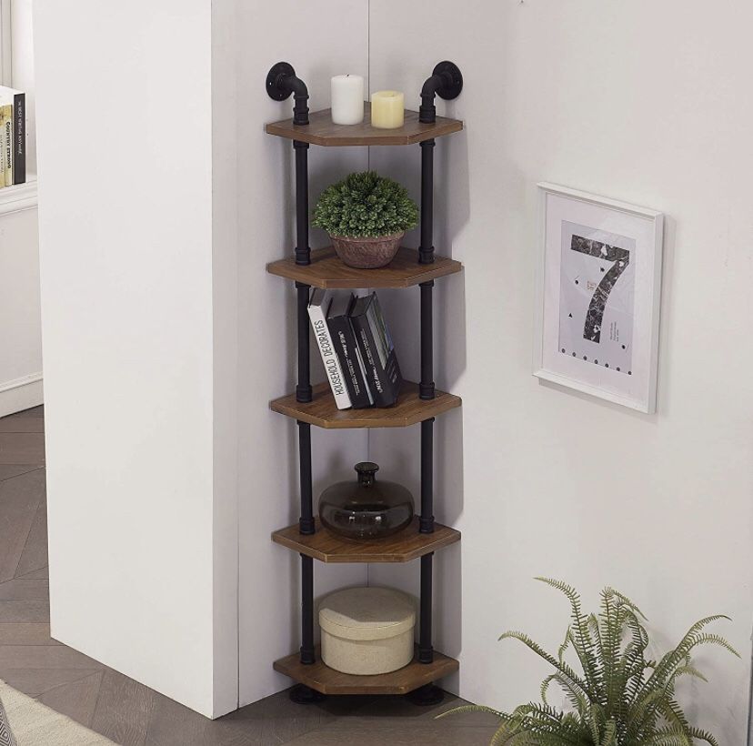 *Brand New* Industrial Bookcase Corner Shelf, 5 Shelf Wall Mount Pipe