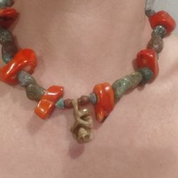Vintage Mictlantecuhtli Turquoise & Red Jasper Stone Necklace 