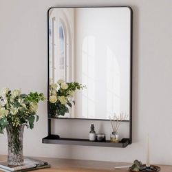 Tillymae Vertical Rectangle Wall Mirror with Shelves - Size: 27.6" x 18", Finish: Black