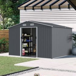 10 Ft. X 8 Ft. Outdoor (Gray) Metal Garden Shed / Tool Storage w/ Lockable Door [NEW IN BOX] **Retails for $672  ^Assembly Required^ 