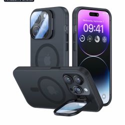 for iPhone 14 Pro Case with Camera Cover Stand [Built-in 9H Camera Lens Protector][Fit for Magsafe] Military Grade Shockproof Translucent Matte Magnet