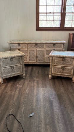 3 piece American Drew rattan bedroom dresser & nightstands