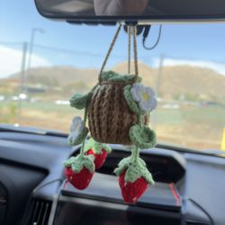 Bouquet of Strawberry Flowers Pot Handmade Crochet Cute Gift Amigurumi Car Decor