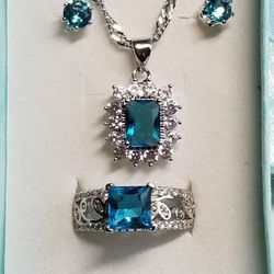 BlueTopaz Set.Necklace,Earrings,Ring 8 & 11