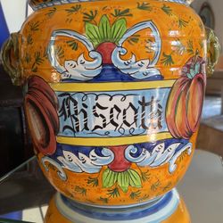 LARGE ITALIAN HANDPAINTED CERAMIC POT WITH LID