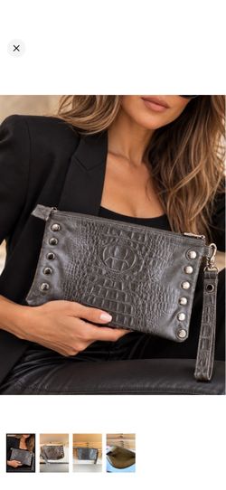Hammitt gray leather clutch with croc embossed texture and signature stud detailing.