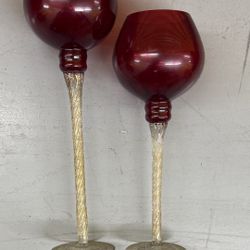Red Glass Candle Holders on Stands (2-Piece)