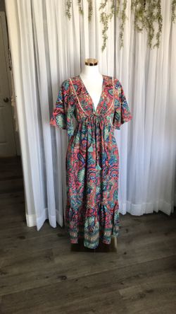 Boho Print Kimono Style Short Sleeve Ruffle Trim Dress Size M