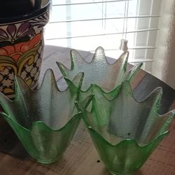A Set Of 3 Unique Tree Shaped Emerald Green Glass Candle Holders.