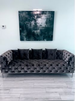 Tufted Grey Velvet Sofa by Eldorado