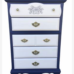Nautical Navy and White 5 Drawer High Boy Dresser Chest *See My Other Items *