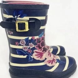 Joules Girls Floral Print Rain Shoe Boots, Pink  Blue Floral With Buckle, size 9