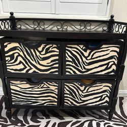 Fun Decorative Wood Storage Cabinet with 4 Zebra Print Organizing Bins with Shelf Top