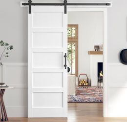 28x80 Inch White Sliding Barn Door Slab with 5ft Hardware Kit Included, 5-Panel, MDF Wood Panel Covered with Water-Proof Scratch-Proof PVC Surface, Si