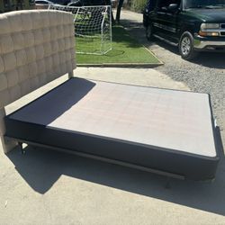 Beige Tufted Headboard w/ Bed Frame and Box Spring