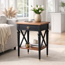 Refinished Solid Wood Side Table – Black & Wood Nightstand