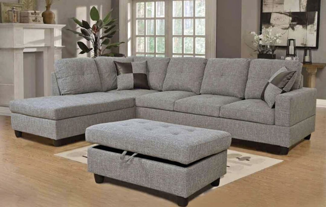Gray Linen Sectional Couch And Ottoman