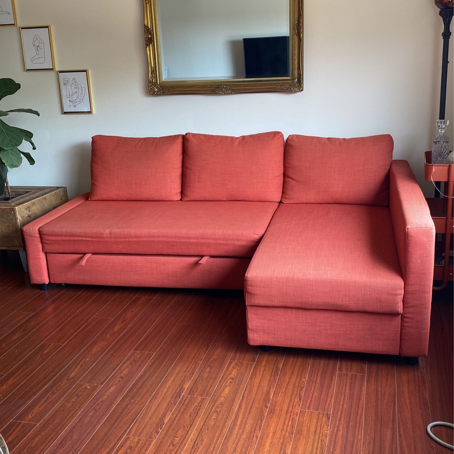 IKEA FRIHETEN Sleeper Sectional, 3 Seat w/ storage, Red-orange