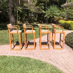 Mid Century Modern Danish Style Wooden Set Of 4 Bar Stools Armchairs 