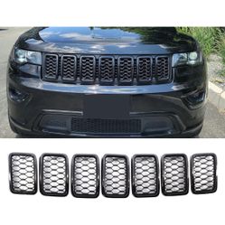Juego de 7 piezas de anillos de malla frontal de nido de abeja negro brillante compatibles con Jeep Grand Cherokee 2017 2018 2019 2020 2021