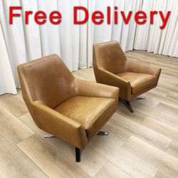 West Elm Lucas MCM Leather Swivel Chairs Pair Free Delivery