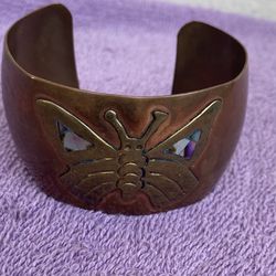 Vintage Copper Cuff Bracelet With Brass Butterfly With Abalone Inlay 