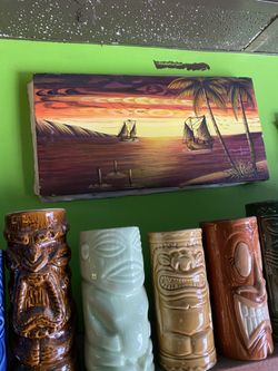 TWO vintage mid century 1950s 1960s tropical tiki bar paintings