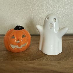 Ceramic Halloween Candle Holders Ghost & Jack O Lantern Mini Figurines Decor