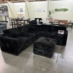 BRAND NEW BLACK THICK FLUFFY CORDUROY SECTIONAL SOFA COUCH WITH OTTOMAN
