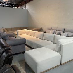 Cream Fabric Modular Sectional Sofa Couch with Ottoman