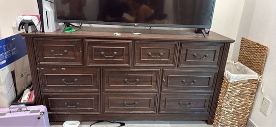 Dark Brown Wood Dresser with 11 Drawers