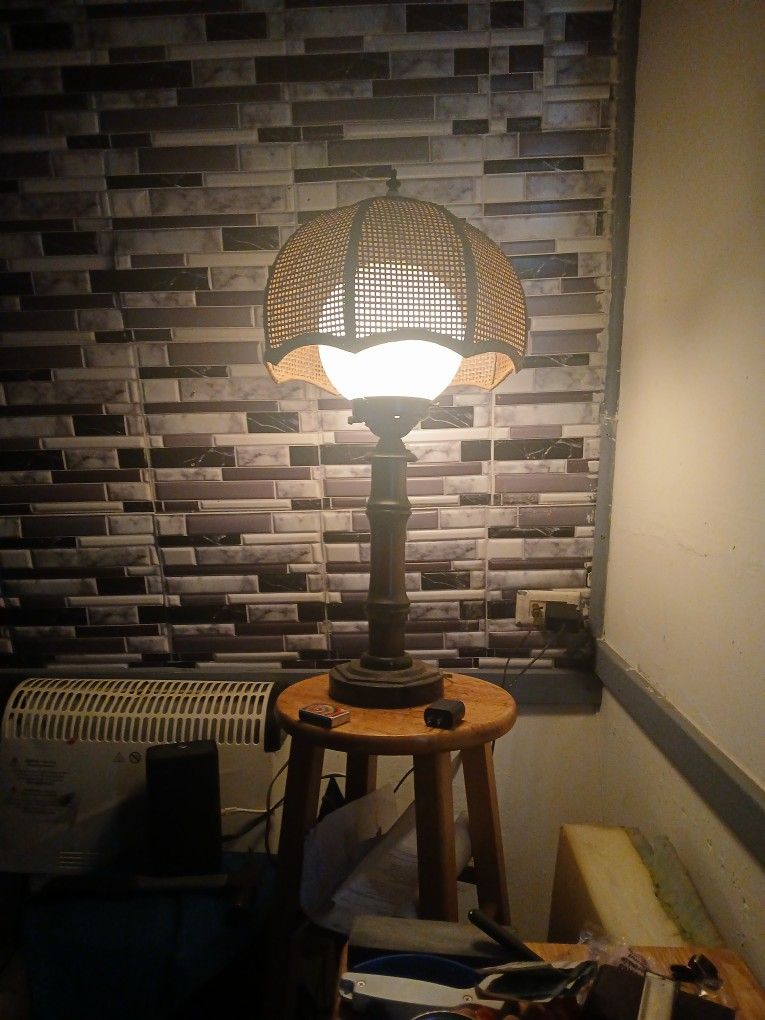 Vintage 1970's Bamboo Shade Tropical Lamp. White Glass Globe. Chic