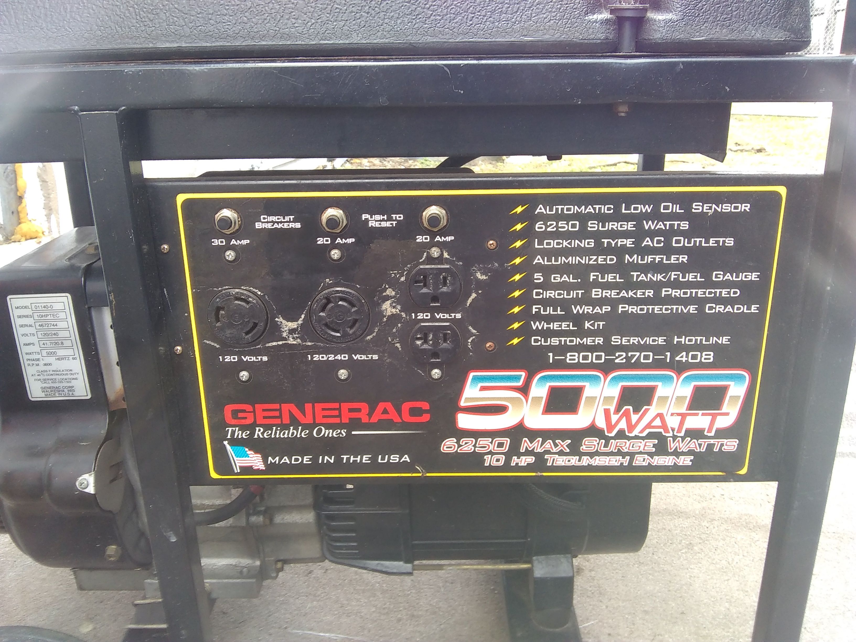Generac 5000 watt generator 6250 Max surge generator 10 horsepower engine