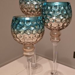 Teal and Silver Candle Holder (3) set 