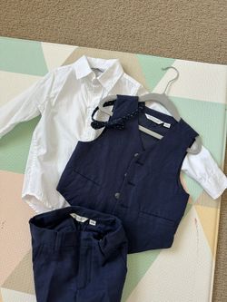 (Worn Once) Janie and Jack Boys Formal Suit 4-Piece Set (Shirt, Vest, Pants, Bow Tie) navy blue 3T/4T