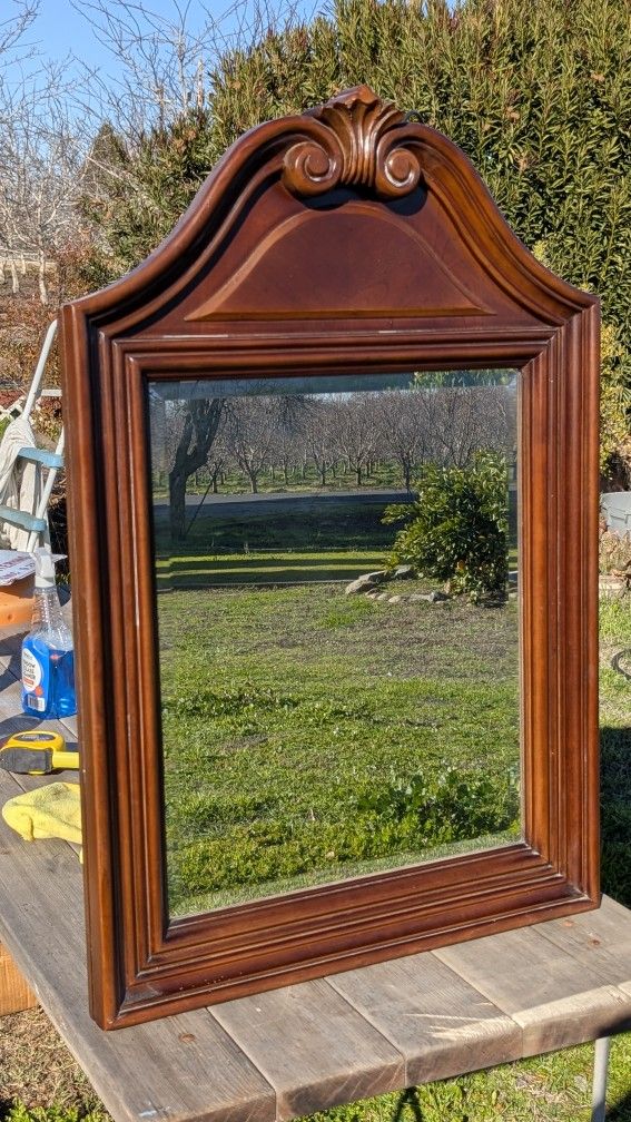 37x25" Antique Framed Wall Mirror with Ornate Top Wooden Framing Vintage Mirror