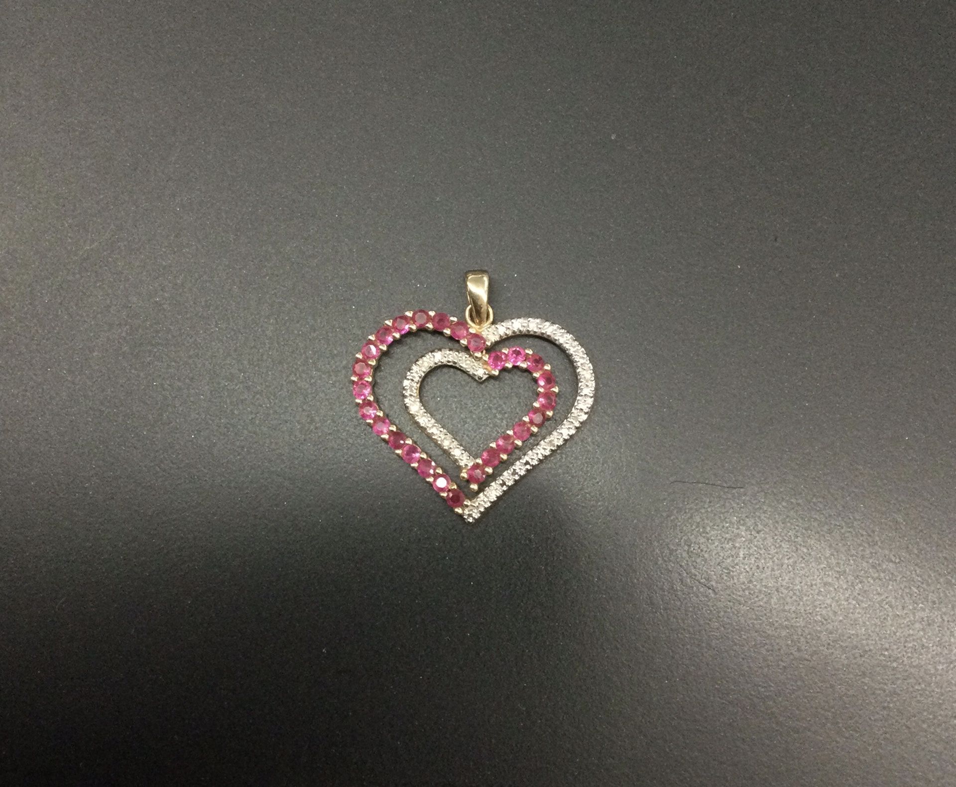 DIAMOND AND RUBY DOUBLE HEART CHARM / PENDANT 10KT YELLOW GOLD
