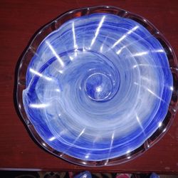 Cobalt Blue Art Glass Fruit Pedestal Bowl With Pewter Fruit Design 12”