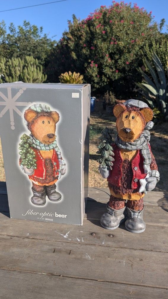 19" Fiber Optic Christmas Bear Resin Holiday Figurine with Tree and Scarf