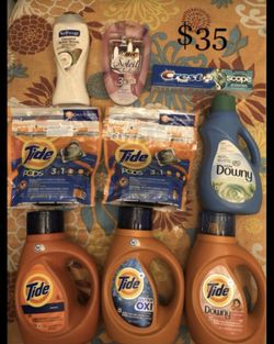 5 Tide: 3 Tide liquid; 2 Tide Pods; 1 Downy; 1 Bic Soleil Razors; 1 Softsoap Body Wash; 1 toothpaste: $35