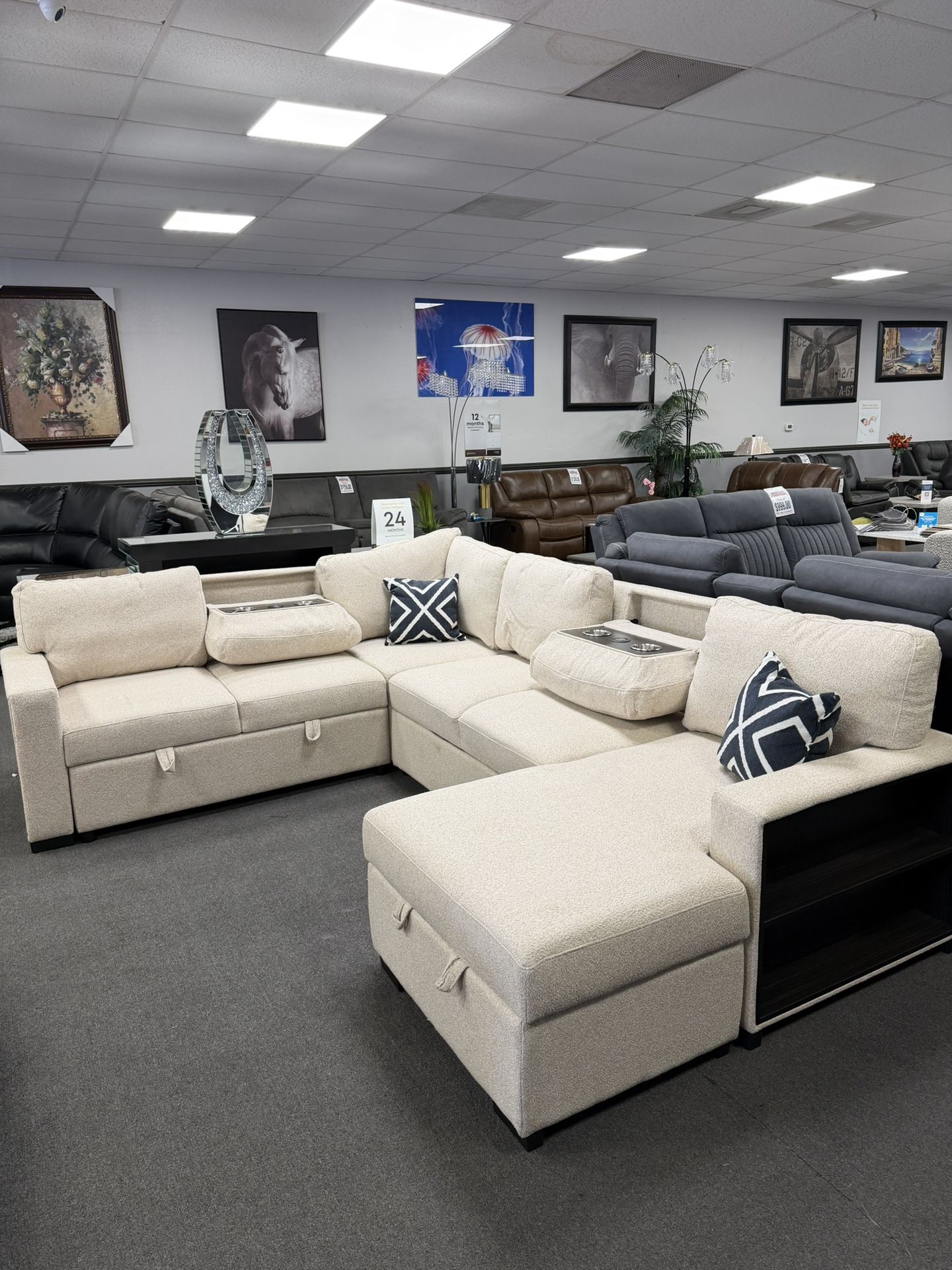Beige Sofa Sectional w/ Pull Out Sleeper