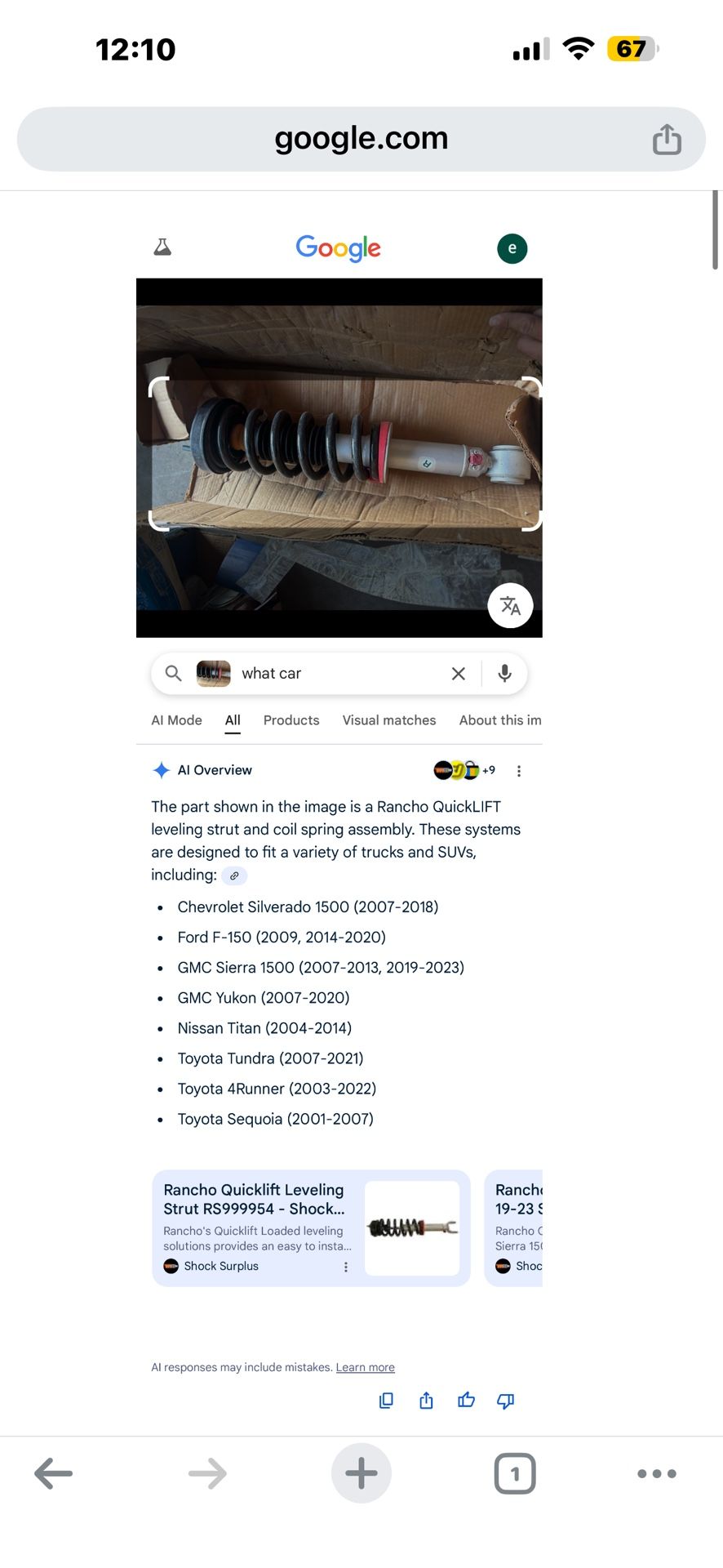 The part shown in the image is a Rancho QuickLIFT leveling strut and coil spring assembly. These systems are designed to fit a variety of trucks and S