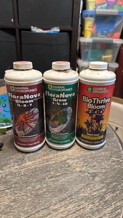 Bio thrive bloom 2 – 4–4. General hydroponics plant growing stuff. Flora nova Bloom 4 – 8–7. Flora nova grow 7– 4–10.  Bio thrive bloom 2 – 4–4.