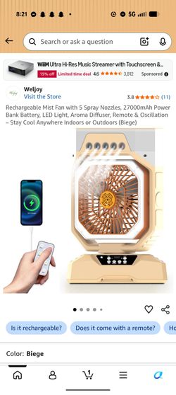 Weljoy Rechargeable Mist Fan with Power Bank