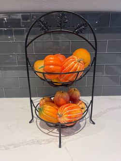 2-Tier Black Metal Wire Fruit Basket Stand