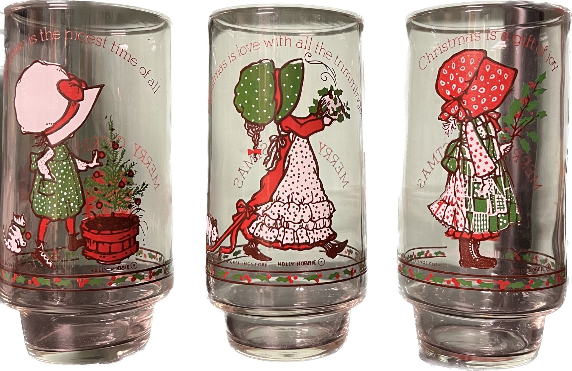 Vintage Set of 3 Holly Hobbie Christmas Coca-Cola Glasses