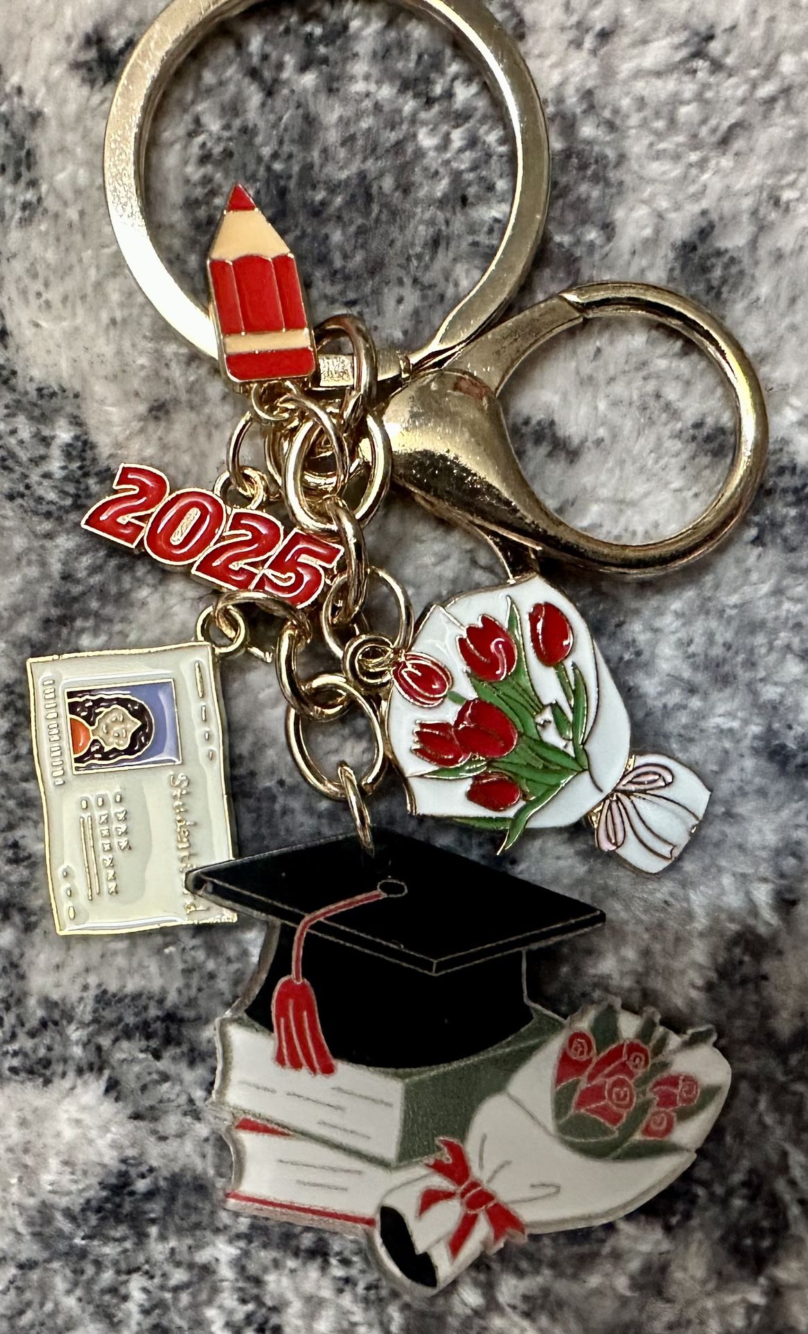 RED- 2025 GRAD KEYCHAIN! CUTE ACCESSORIES! RED FLOWER BOUQUET, CAP, ID, / Use For Purse/keys