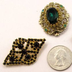 Vintage Gold-tone Brooches: Seed Pearls Green Emeralds – Lot of 2