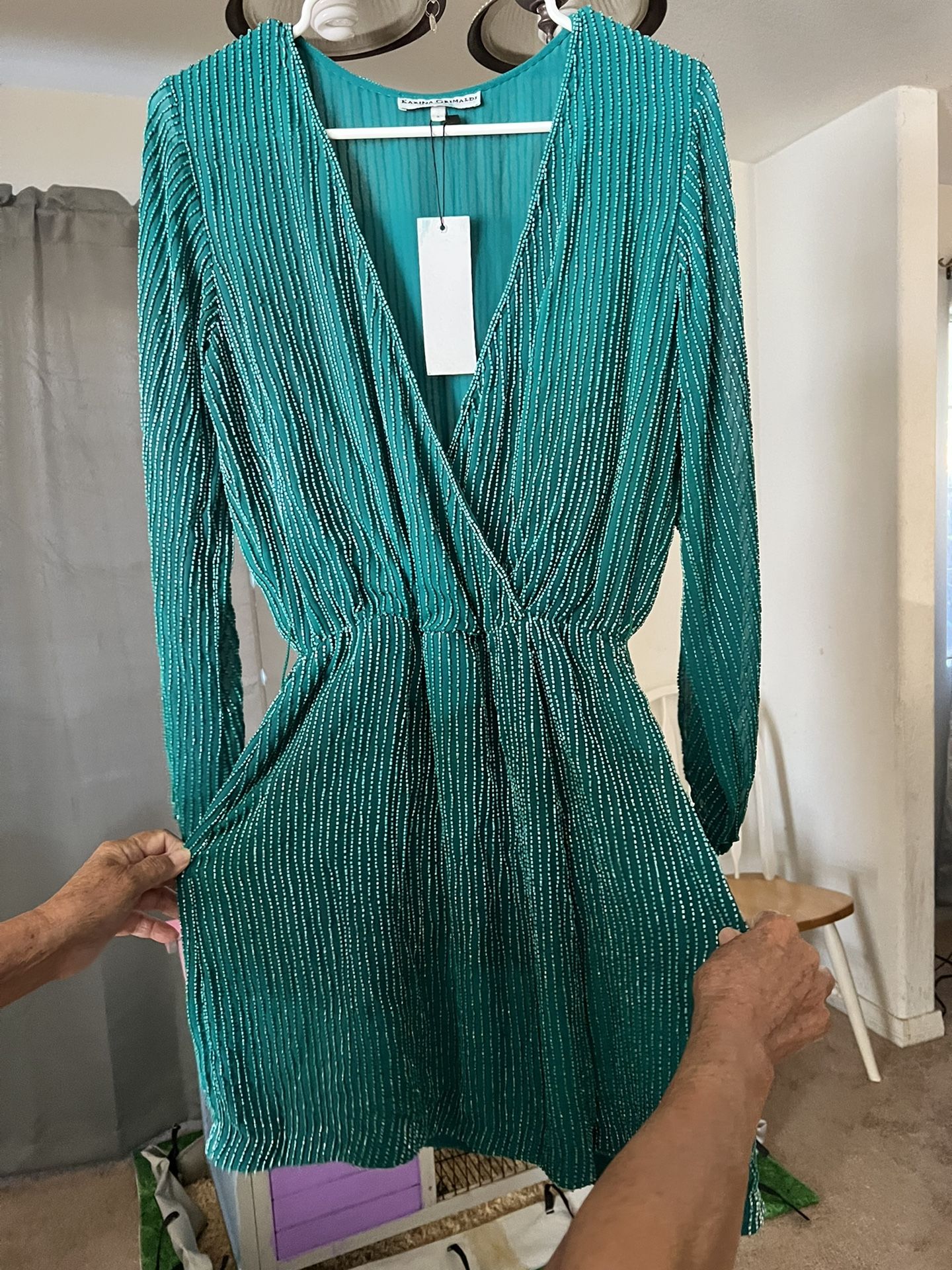Karina Grimaldi GARDA Fully BEADED MINI DRESS EMERALD Sz M New - New Women | Color: Green | Size: M